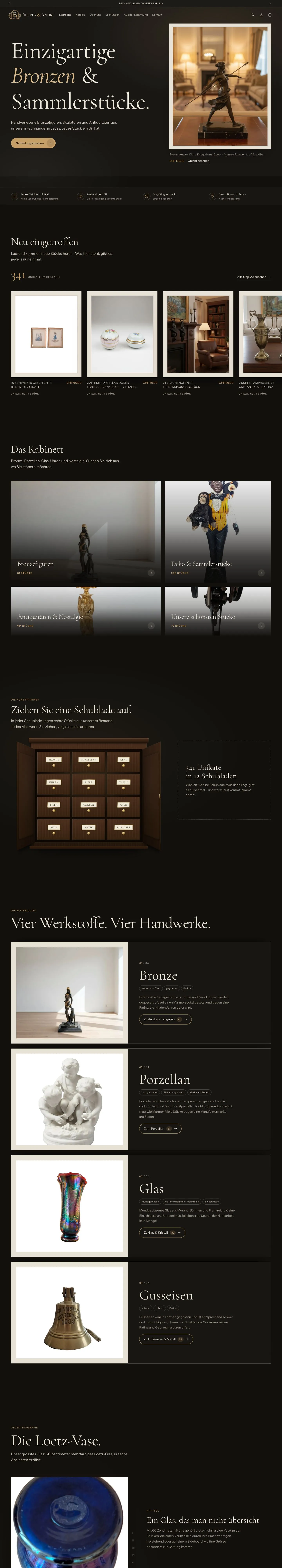 Die neue Startseite von Figuren & Antike: dunkles Theme, Bronzefigur im Einstieg, Neuheiten, Kabinett und Schubladenschrank