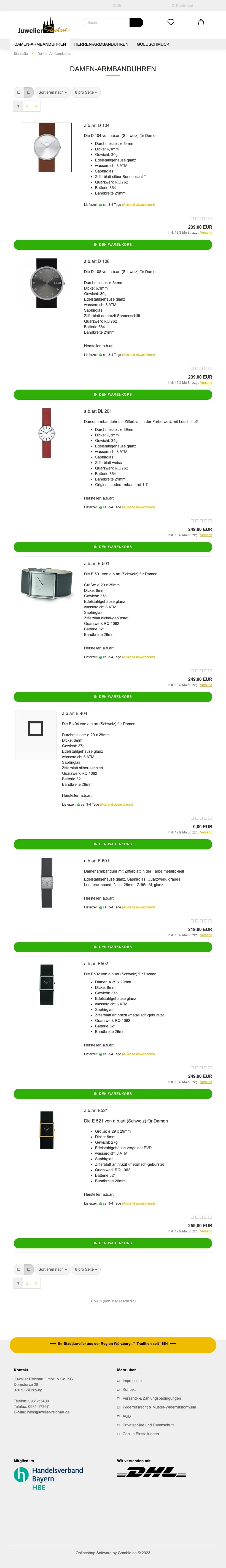 Vorher: die Kategorie Damen-Armbanduhren auf dem iPad, eine lange Liste mit grünen Warenkorb-Knöpfen