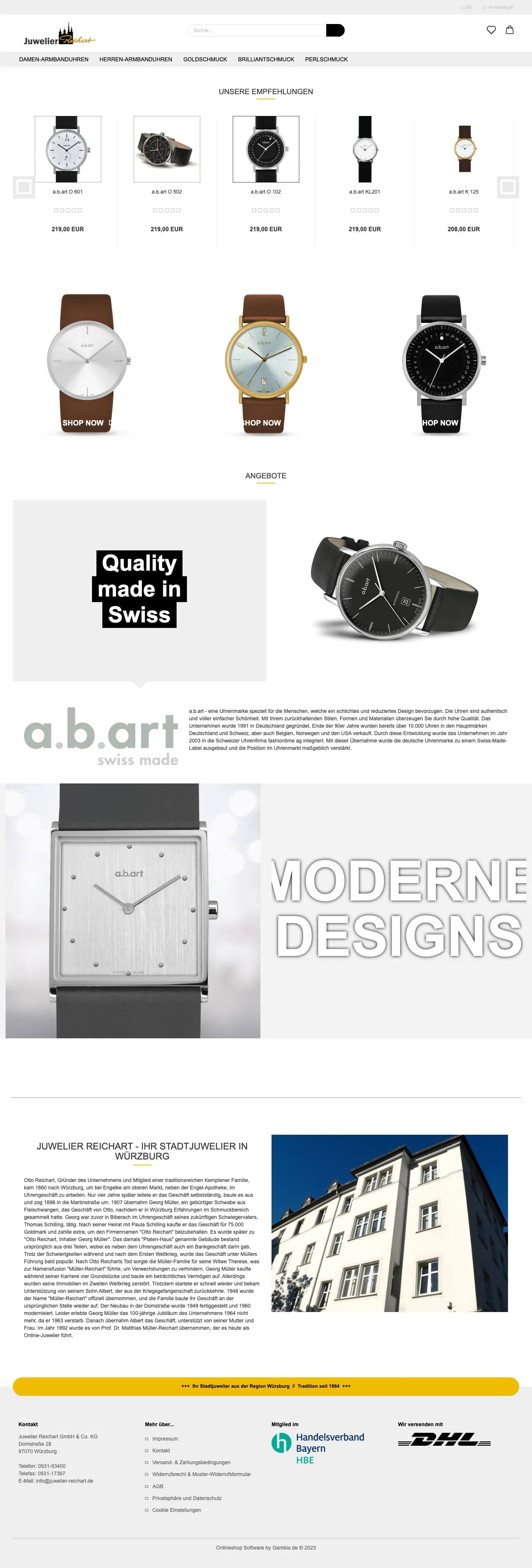 Vorher: die alte Startseite von Juwelier Reichart mit Produktkarussell, Shop-now-Knöpfen, a.b.art-Abschnitt und langem Geschichtstext