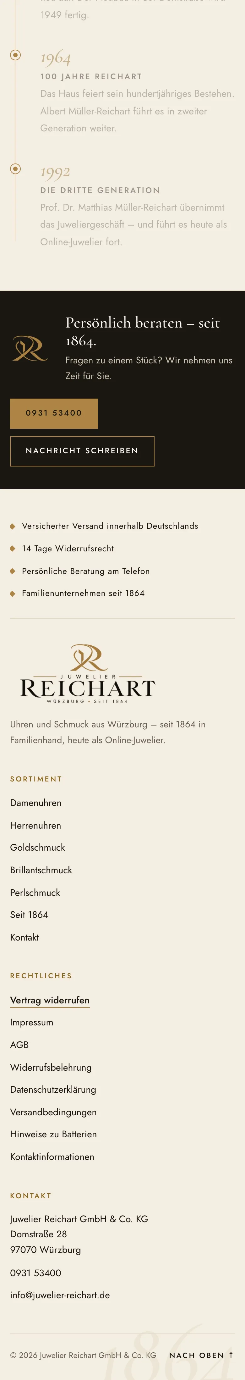 Fortsetzung der neuen Startseite am Handy: Geschichte, Beratung und Fußbereich