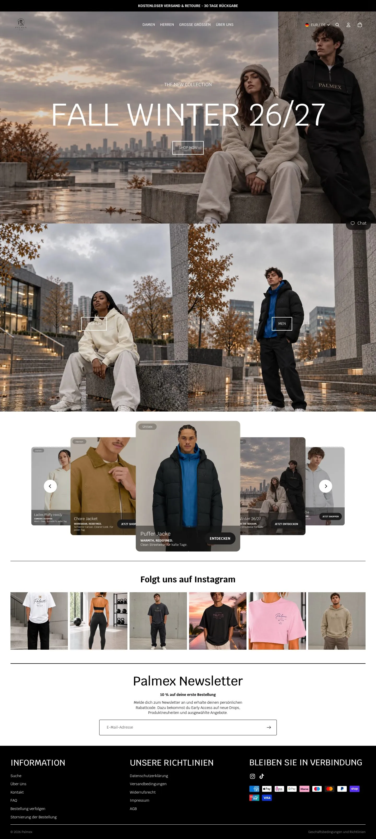 Vorher: die alte Startseite von palmex-clothing.de mit großem Kopfbild, zwei Bildkacheln, Karussell, Instagram-Kacheln und Newsletter