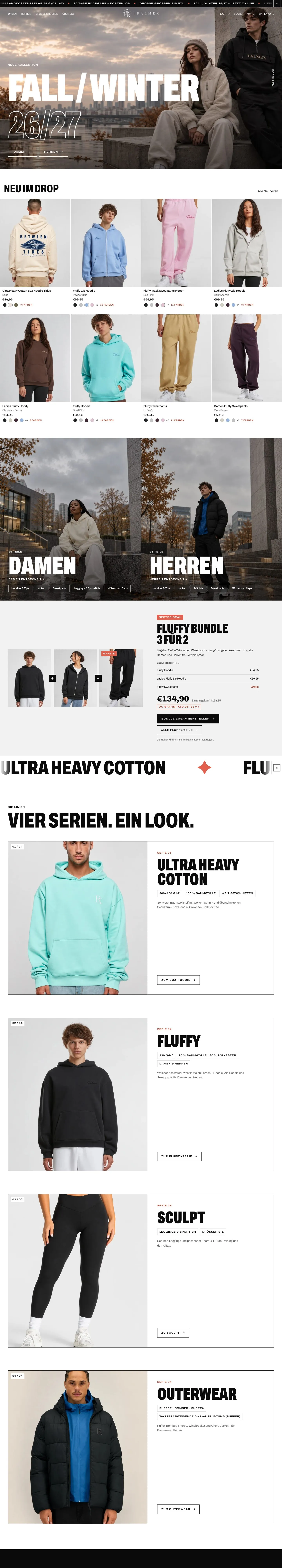 Die neue Startseite von Palmex: Fall / Winter 26/27 im Einstieg, Neu im Drop mit allen Farben, Damen und Herren, Fluffy Bundle und vier Serien