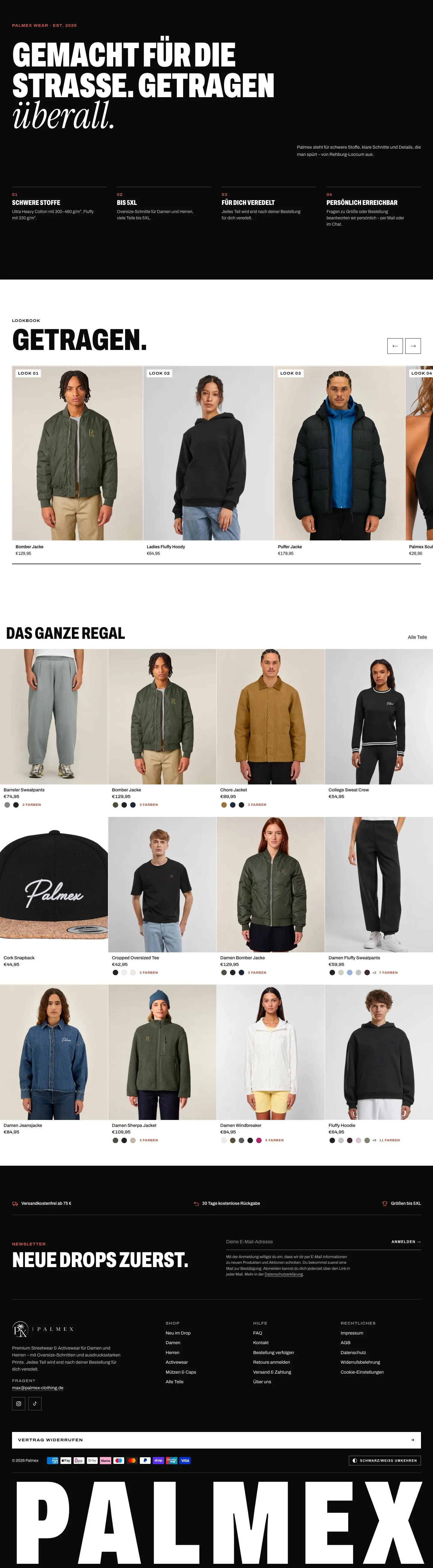 Fortsetzung der neuen Startseite von Palmex: Lookbook, das ganze Regal, Vorteile, Newsletter und Fußbereich