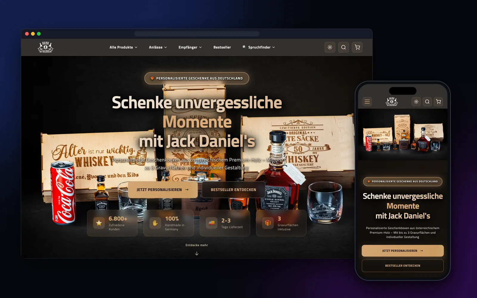 Drink4friends: die Startseite des Shops für personalisierte Geschenkboxen auf dem Desktop und auf dem Handy