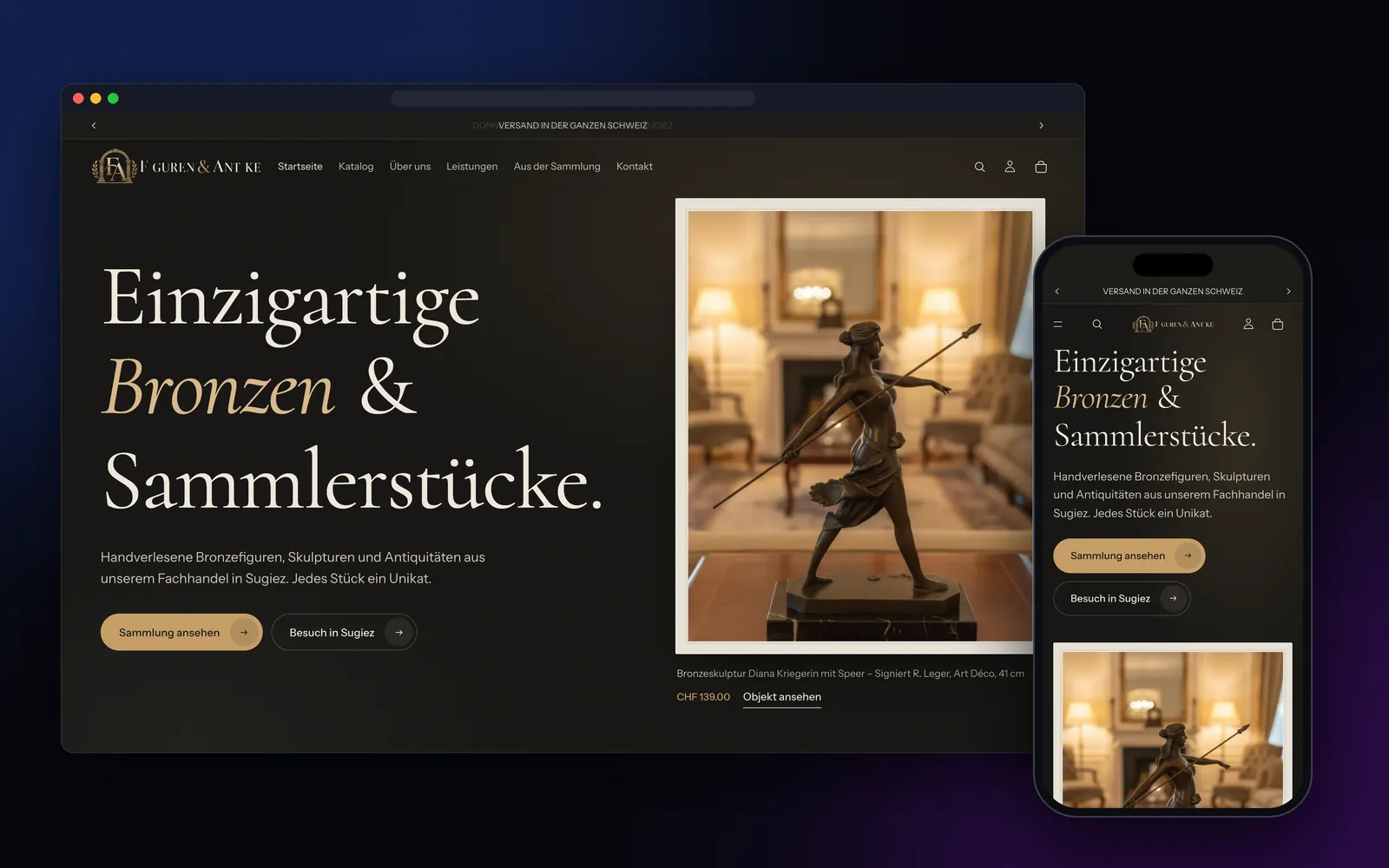 Figuren & Antike: die Startseite des neuen Shops auf dem Desktop und auf dem Handy, ein dunkles Theme mit Bronzefiguren