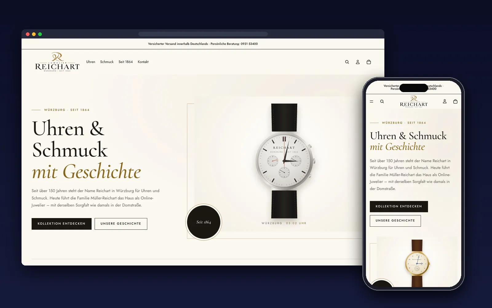Juwelier Reichart: die Startseite des neuen Shops mit der Hausuhr auf dem Desktop und auf dem Handy