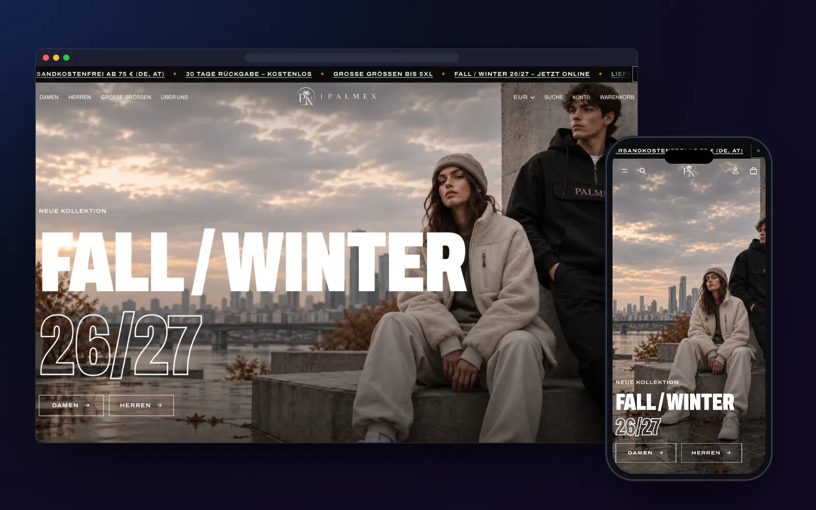 Palmex: die Startseite des neuen Shops auf dem Desktop und auf dem Handy, Streetwear-Kollektion Fall / Winter 26/27