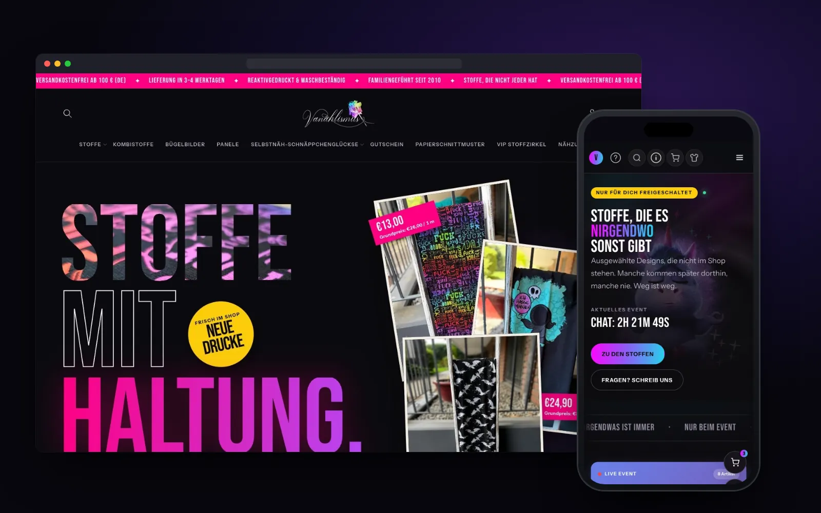 Vanählismus: der neue Stoff-Shop im Neon-Look auf dem Desktop und die eigene Live-Shopping-App auf dem Handy