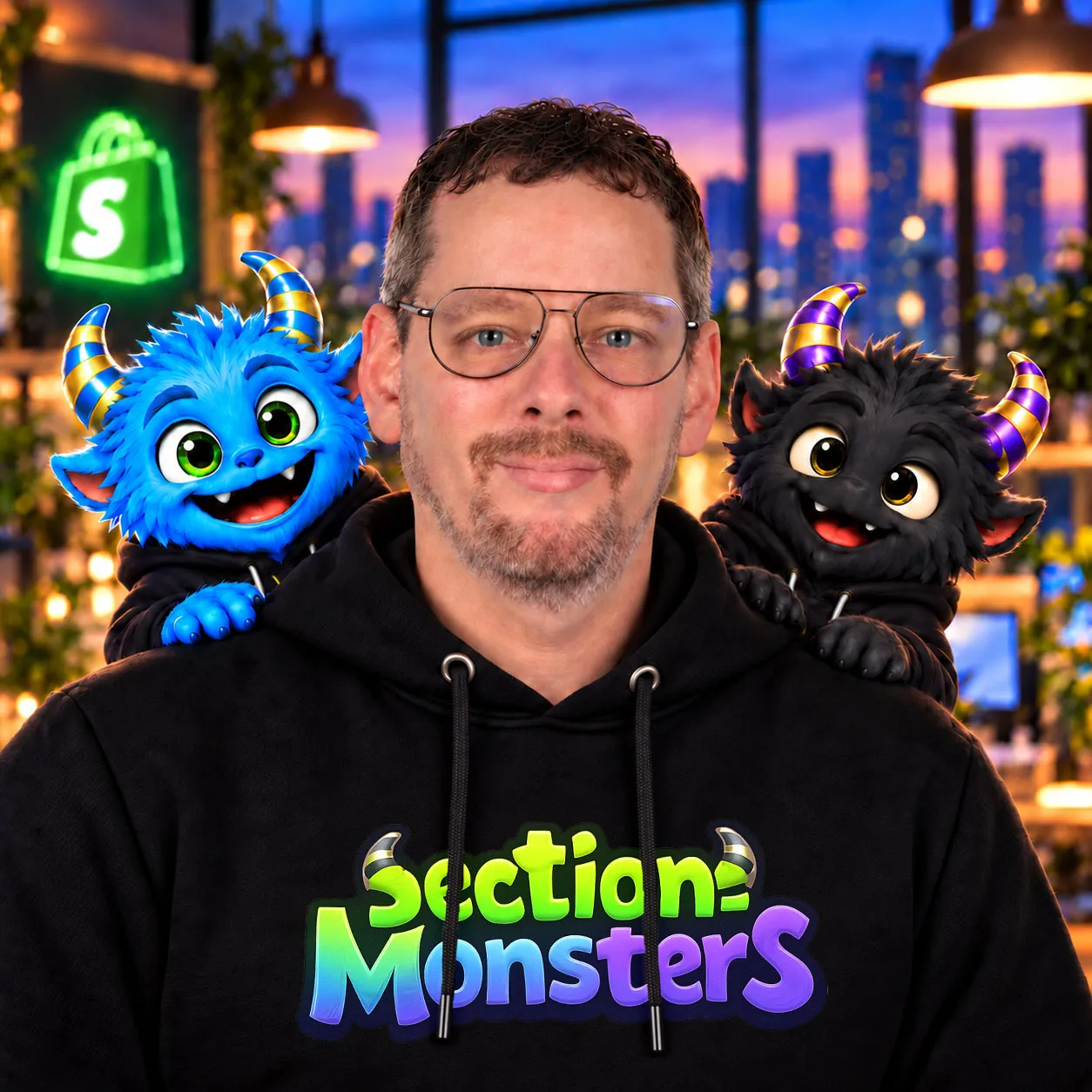 René Kress im Pullover seiner App Section Monsters, auf seinen Schultern die beiden Maskottchen der App
