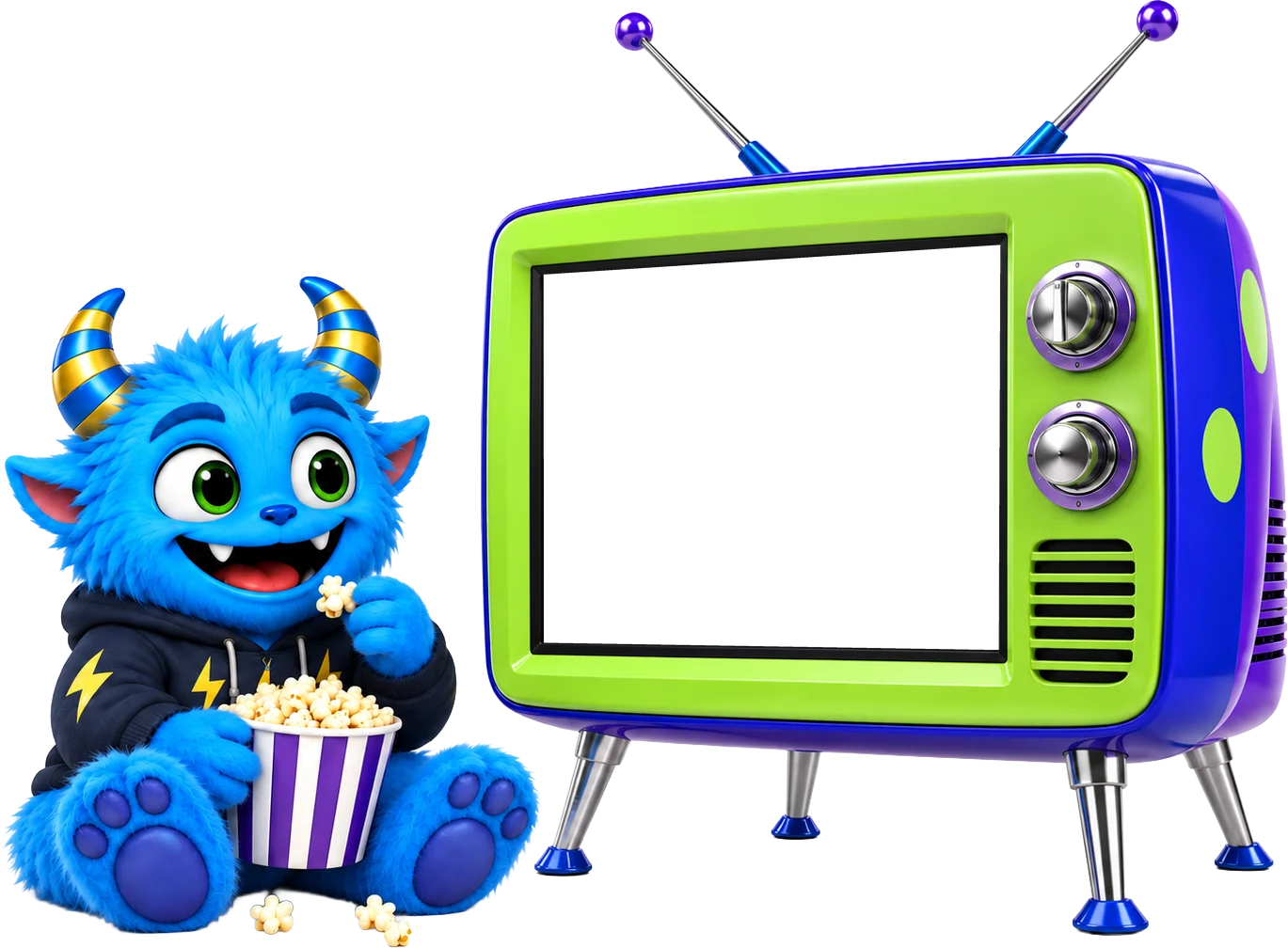 Hero, das Maskottchen von Section Monsters, sitzt mit Popcorn vor einem Fernseher