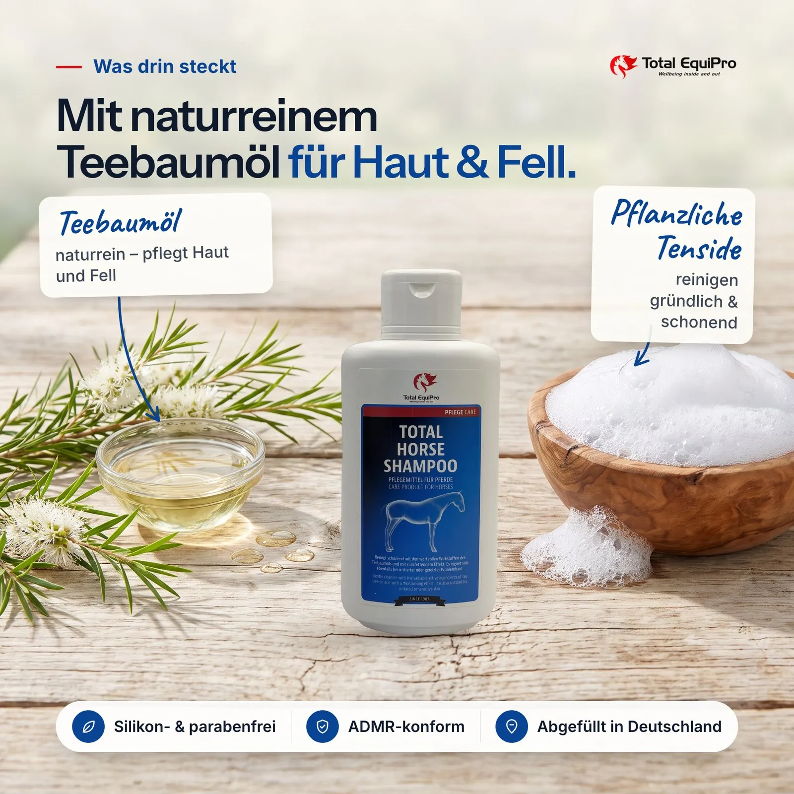 Horse Shampoo: Galeriebild zu den Inhaltsstoffen mit Teebaumöl und pflanzlichen Tensiden
