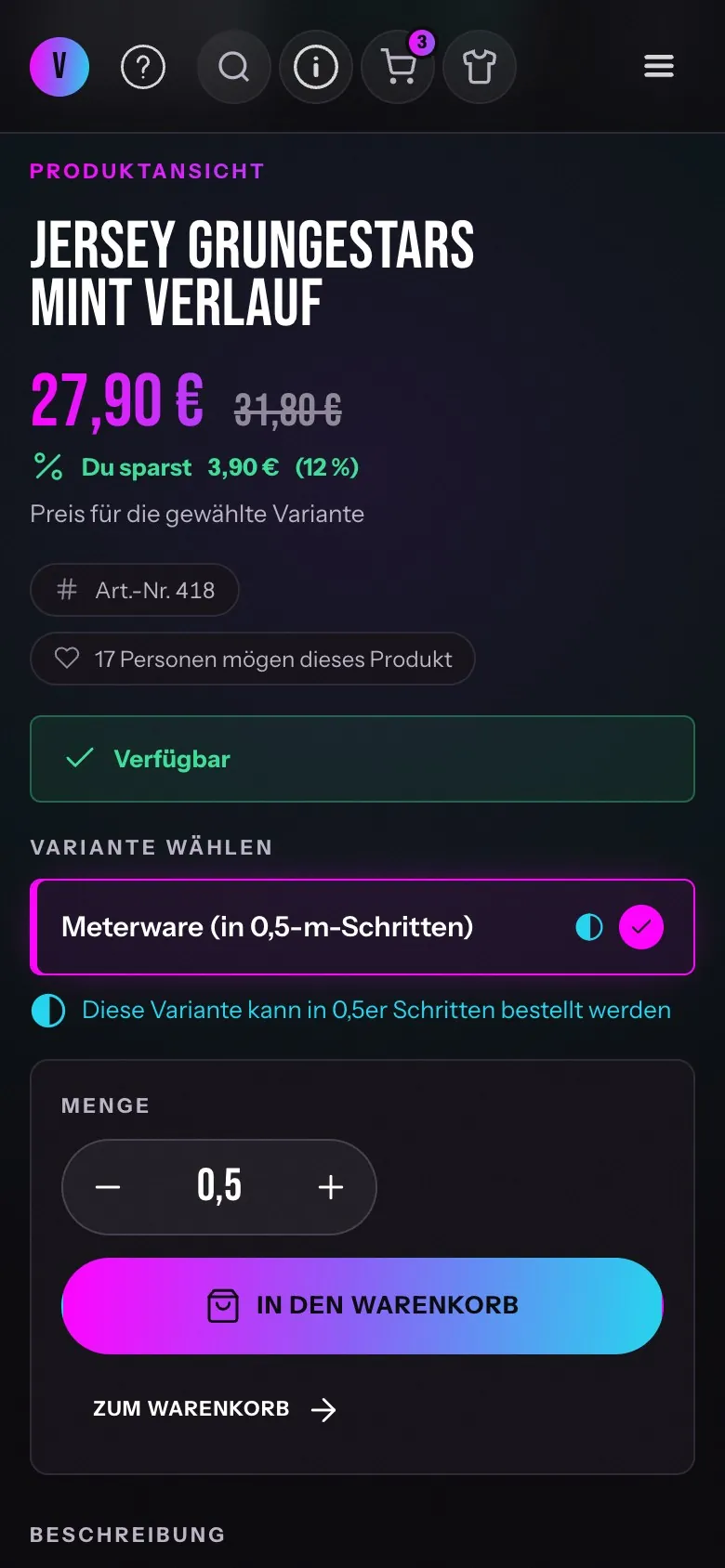 Die App am Handy: Jersey Grungestars mint mit Eventpreis, Meterware in 0,5-Meter-Schritten und Knopf In den Warenkorb
