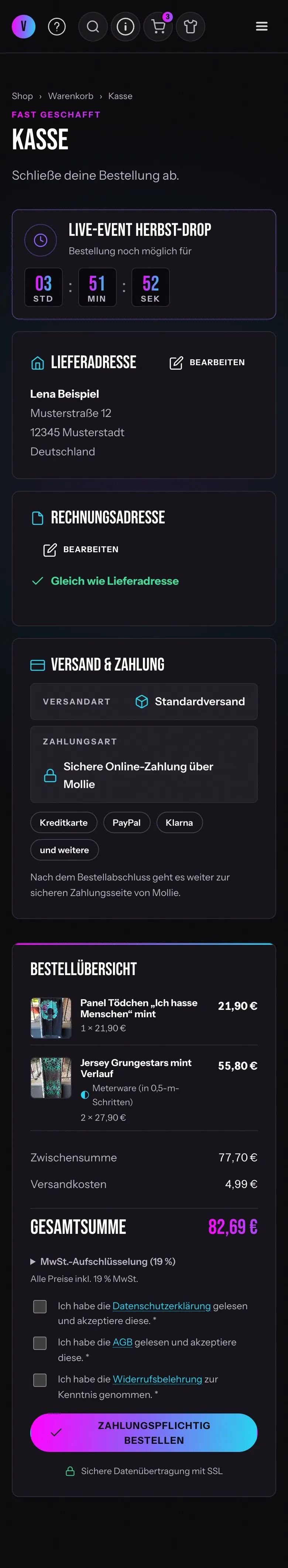 Die App am Handy: Kasse mit Bestellübersicht, Versandkosten, Zahlung per Mollie und den Pflicht-Häkchen