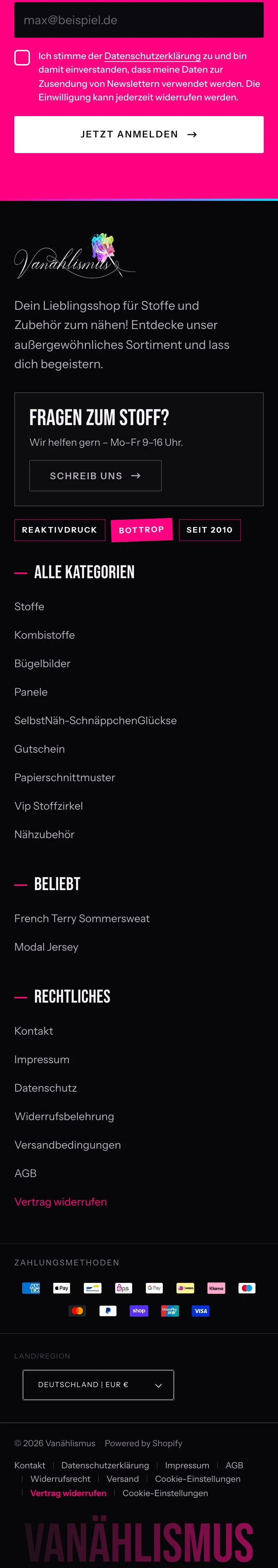 Fortsetzung der neuen Startseite am Handy: Newsletter und Fußbereich